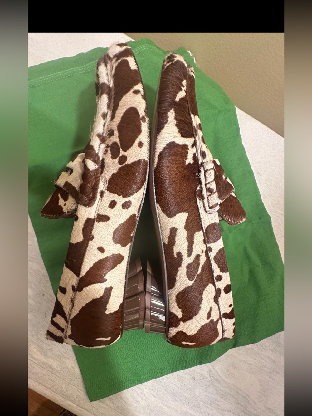 NIB FARM Rio cow print haircalf Monstera heeled loafers - Picture 3 of 8